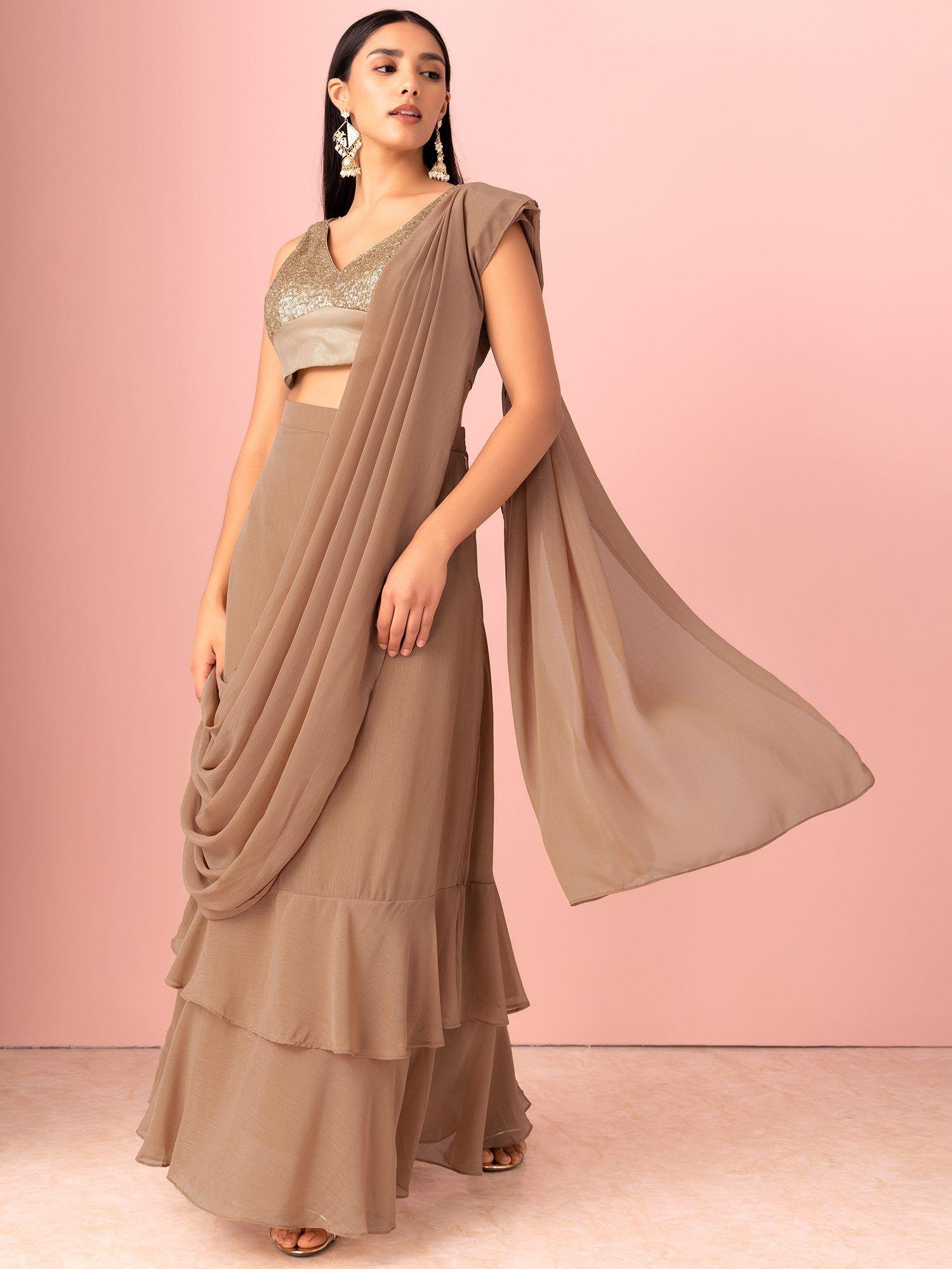 beige ruffled ready to wear saree without blouse