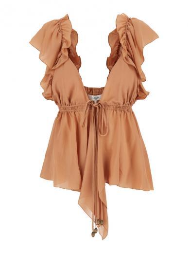 beige ruffled silk-georgette blouse