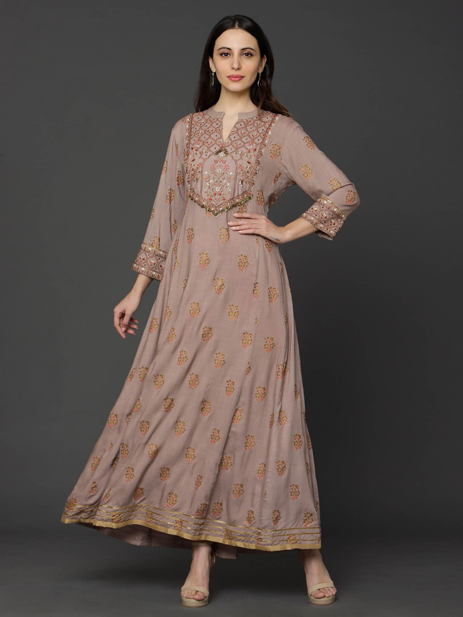 beige santoon printed & embroidery kurta