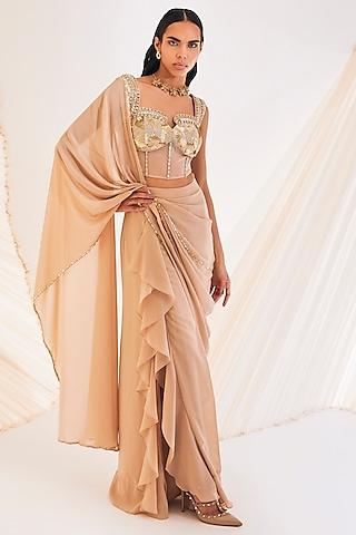 beige satin & tulle georgette draped saree set