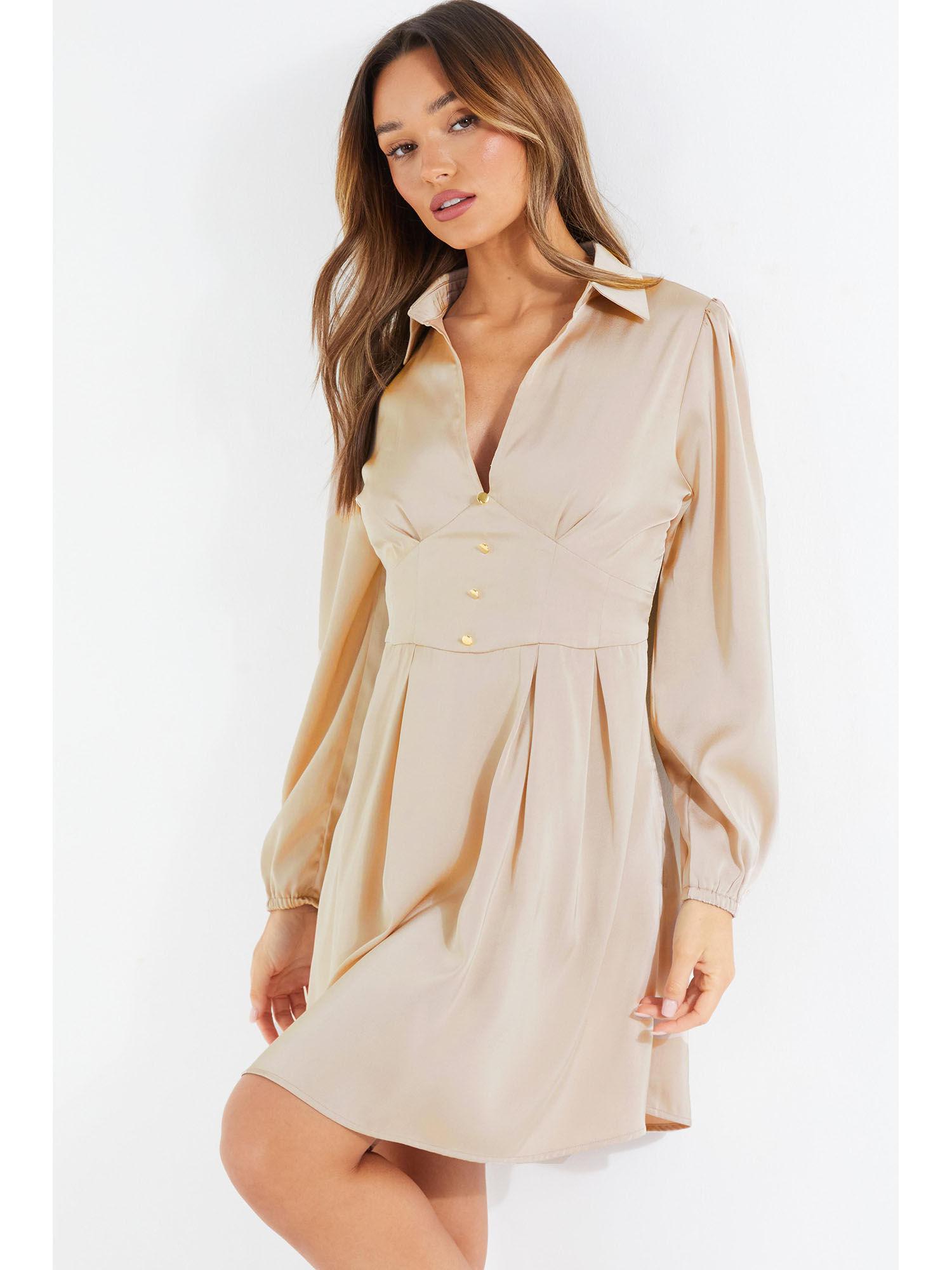 beige satin button detail shirt dress