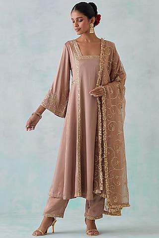 beige satin embroidered kurta set