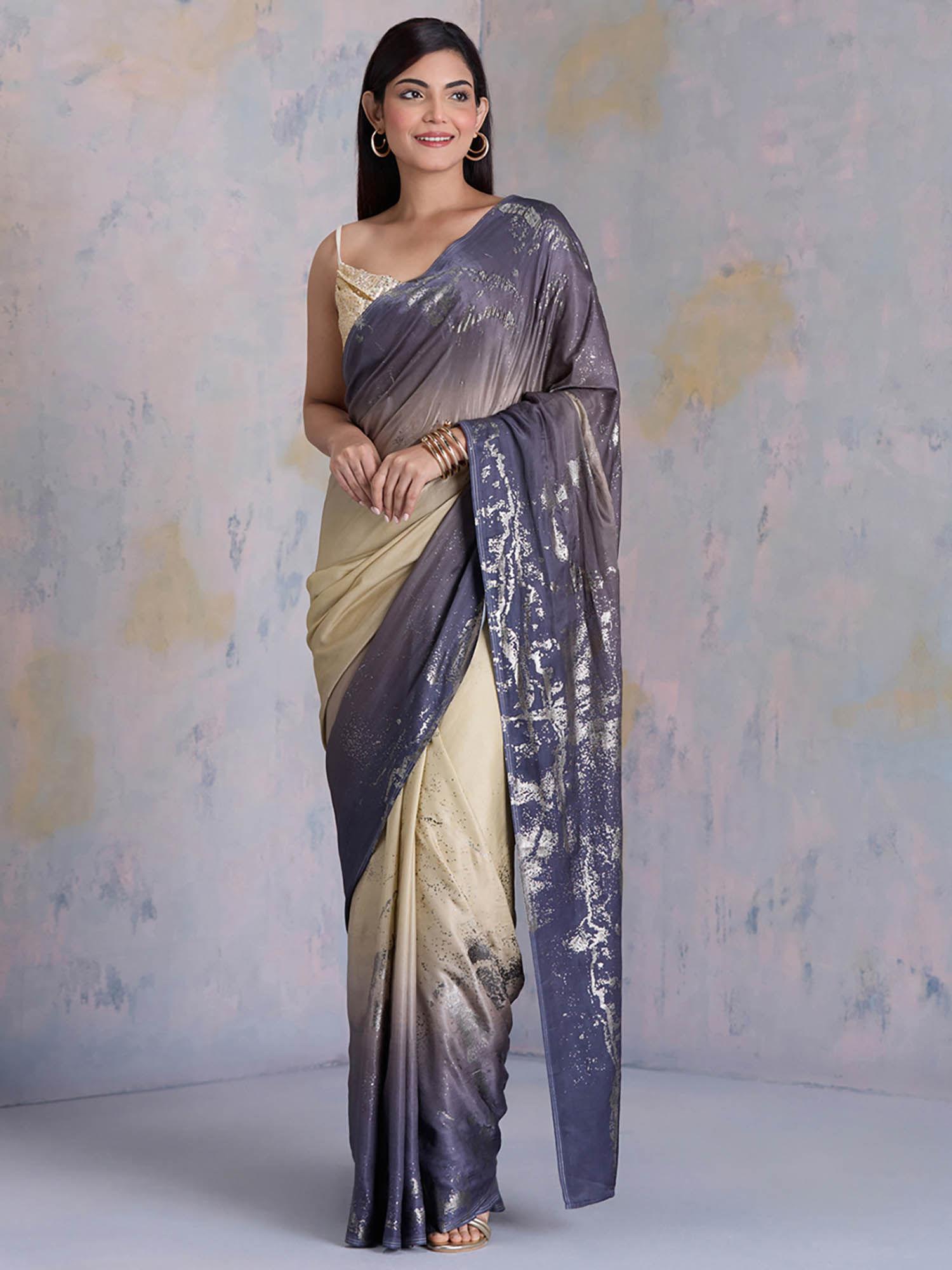 beige satin foil print saree with unstitched blouse