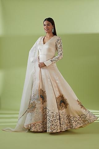 beige satin georgette embroidered anarkali set