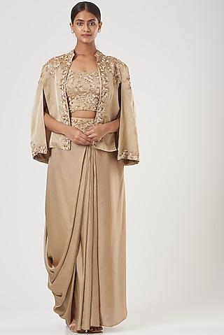 beige satin organza embroidered cape set