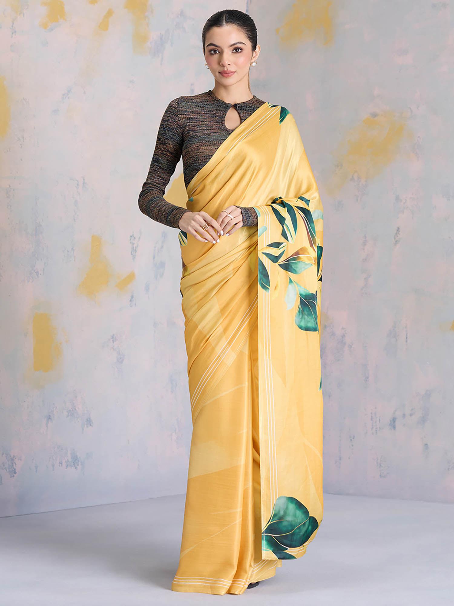 beige satin printed print saree with unstitched blouse
