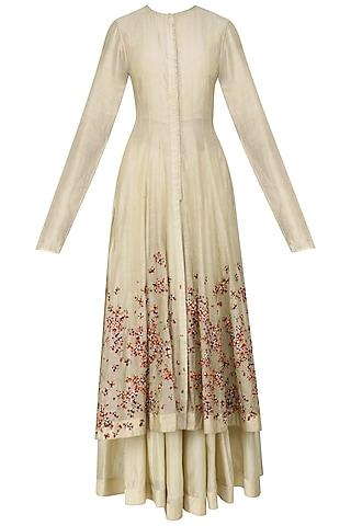 beige scattered floral embroidered anarkali, crop top and skirt set