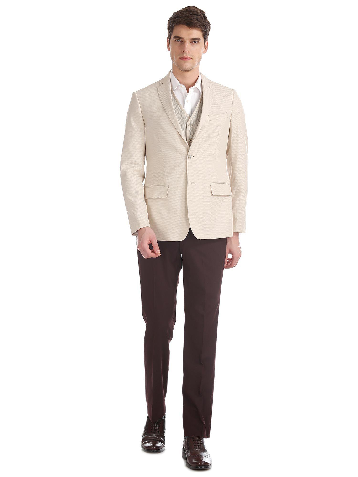beige self design blazer with waistcoat (set of 2)