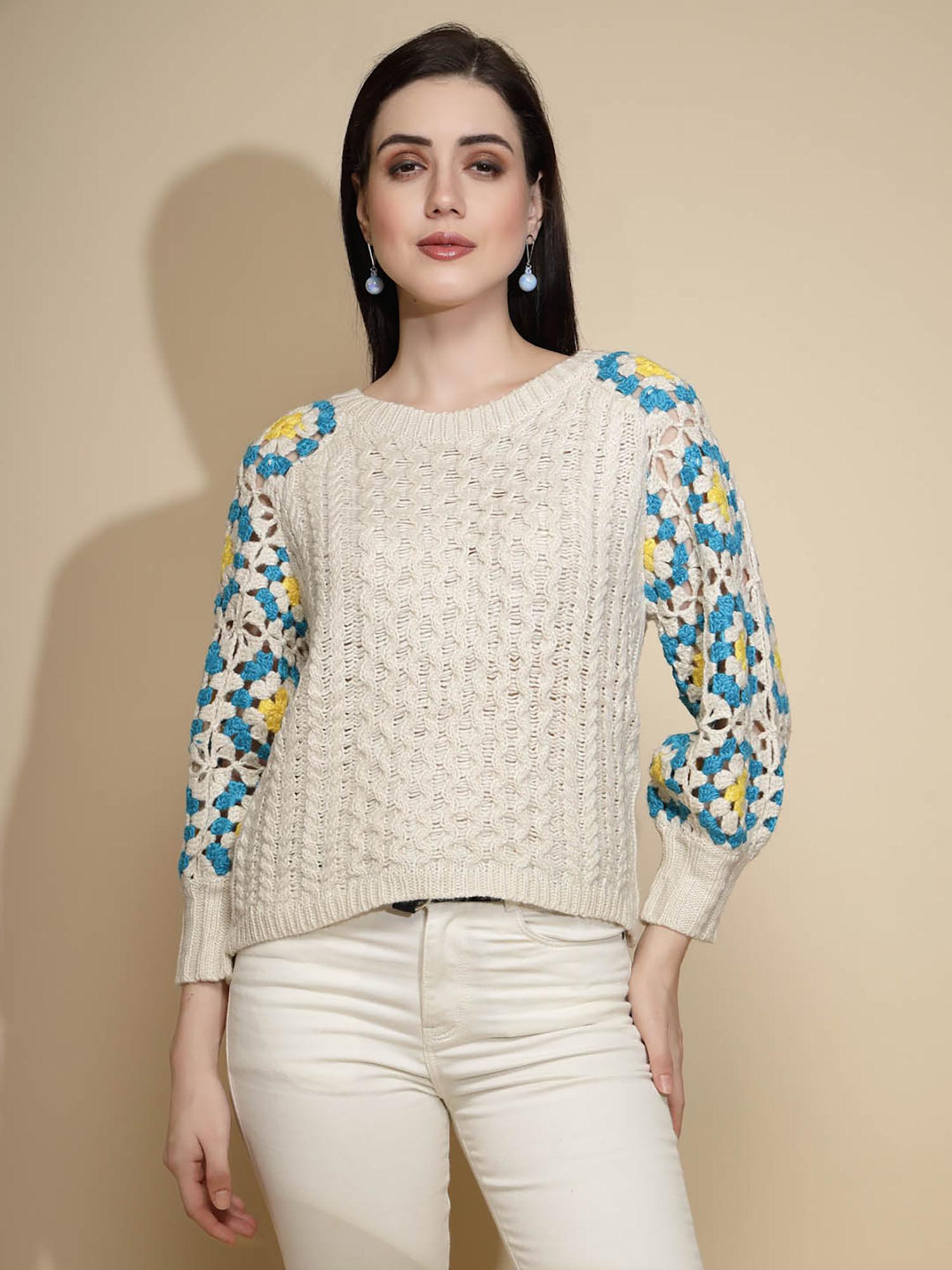 beige self design round neck sweater