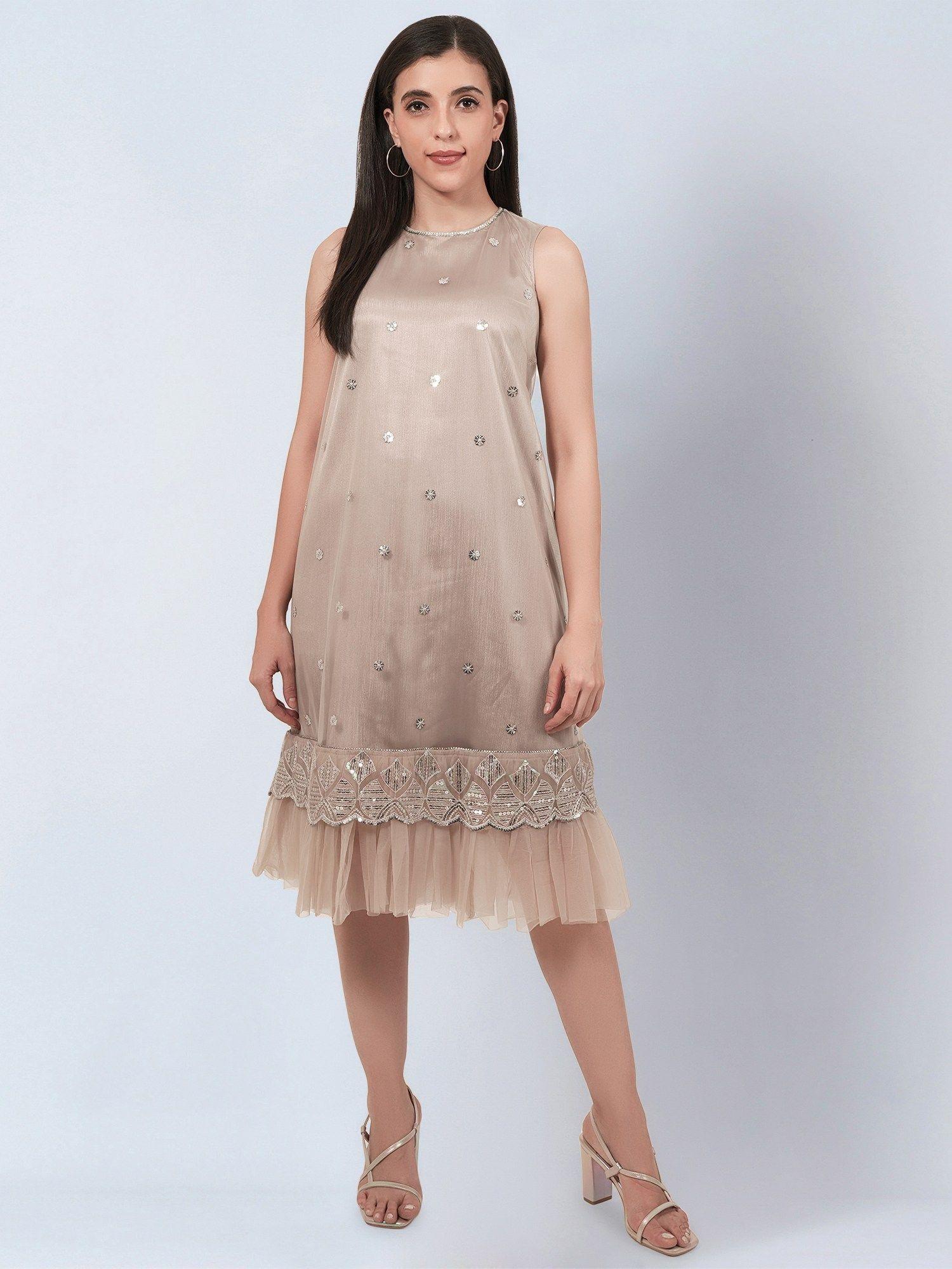 beige sequin embroidered a-line net dress