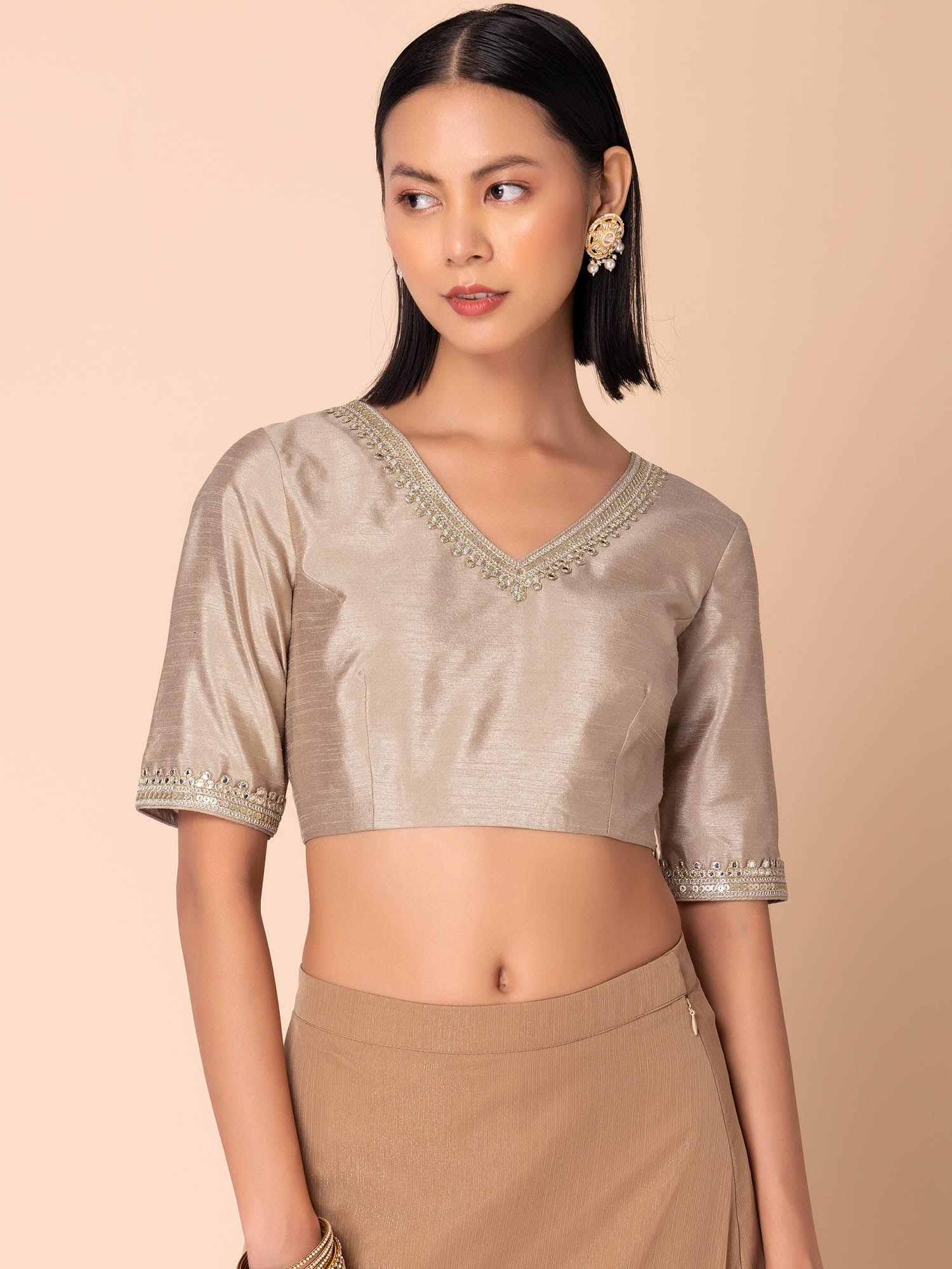 beige sequin embroidered silk blouse