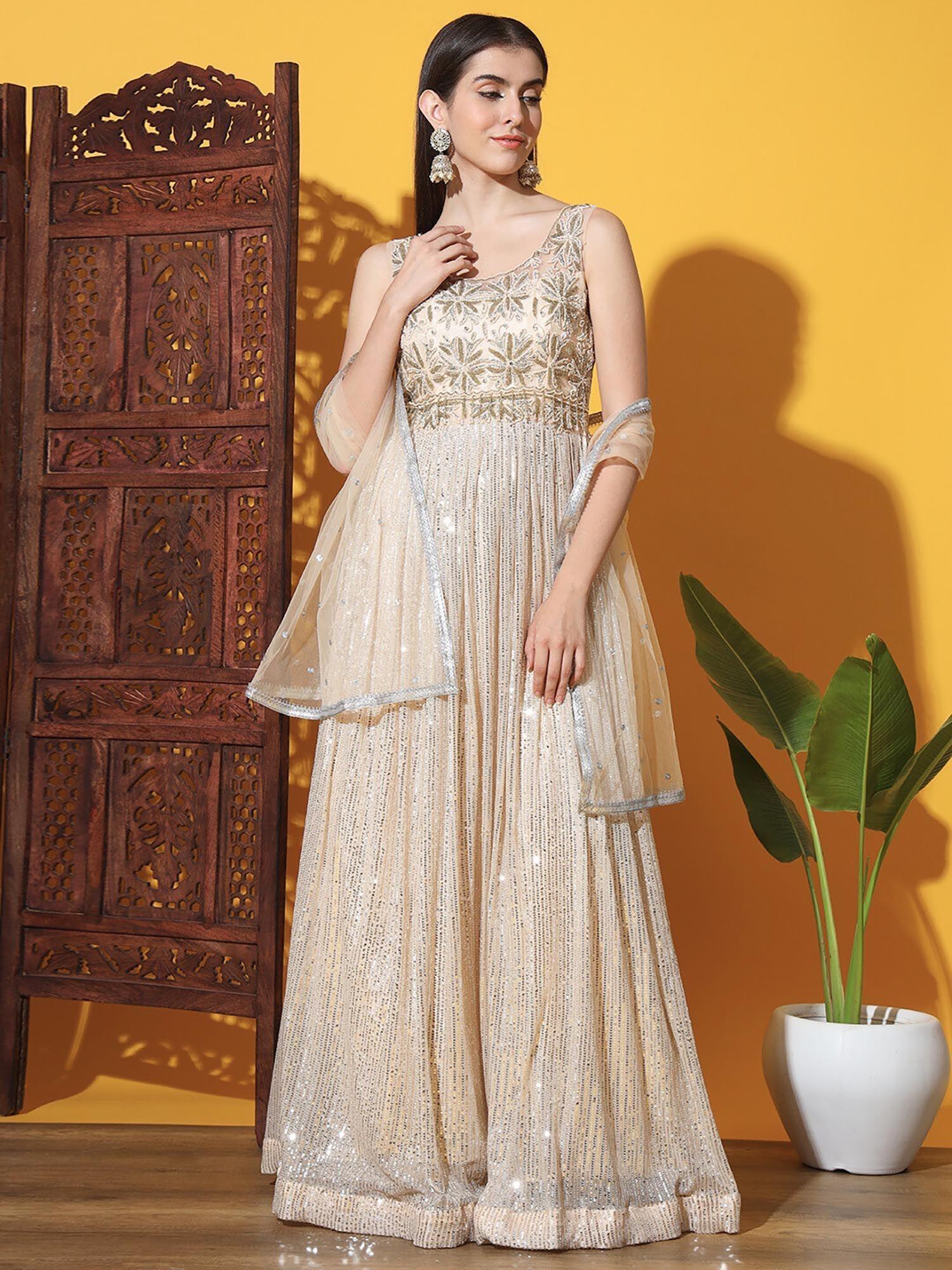 beige sequinned flared cocktail dress with dupatta (set of 2)