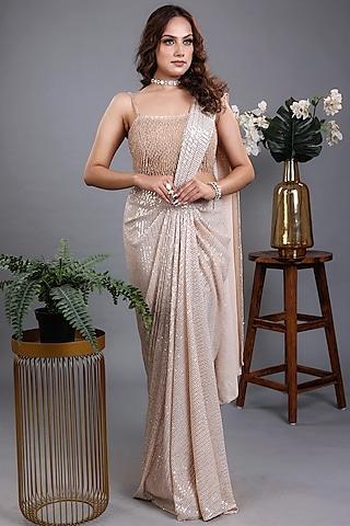 beige sequins lycra pre-draped saree set