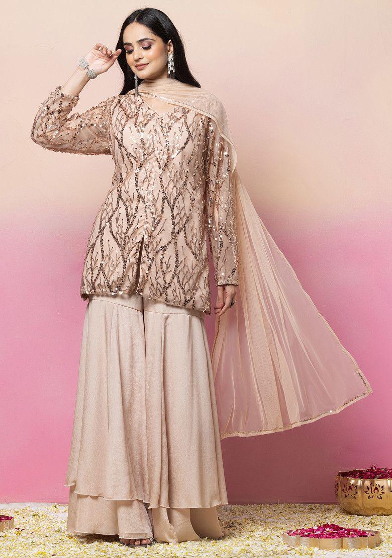 beige sharara set with sequin bead embroidered kurta and dupatta