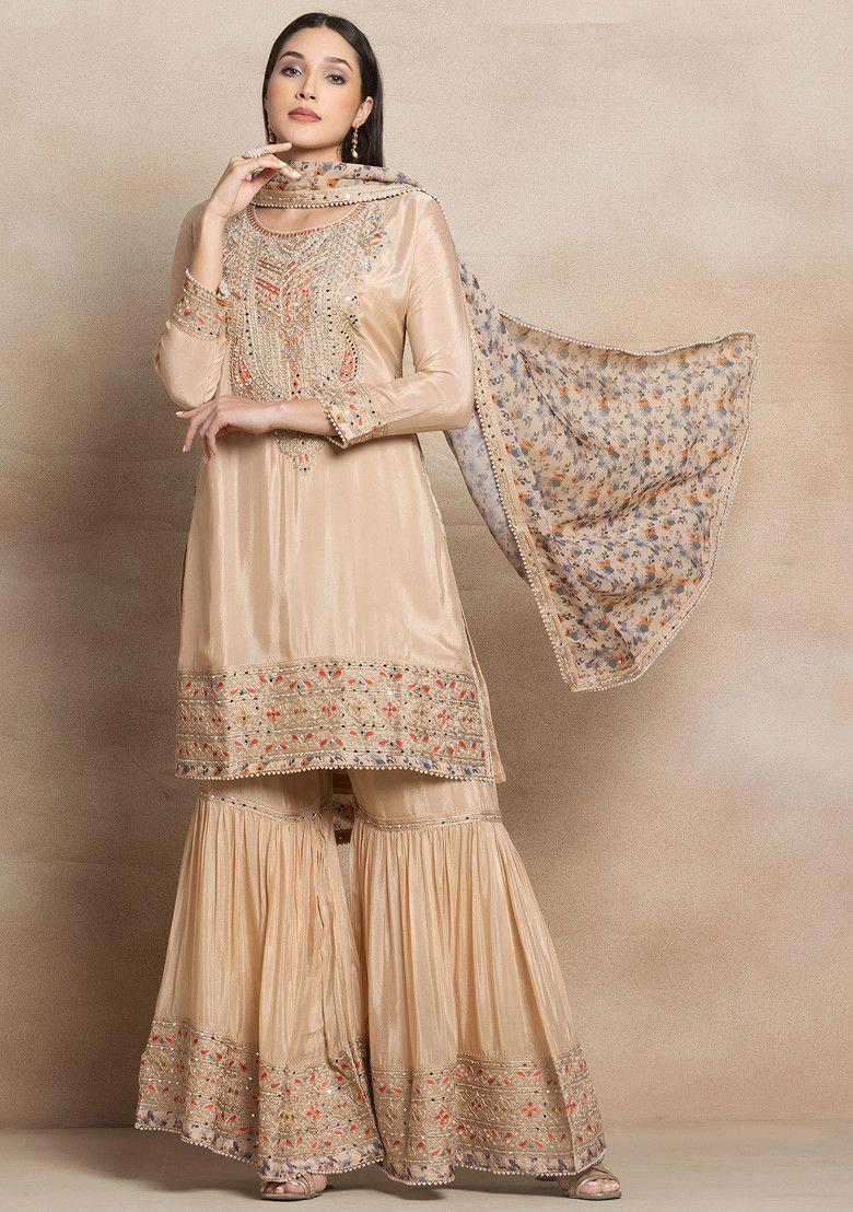 beige sharara set with zari mirror embroidered kurta and floral print dupatta