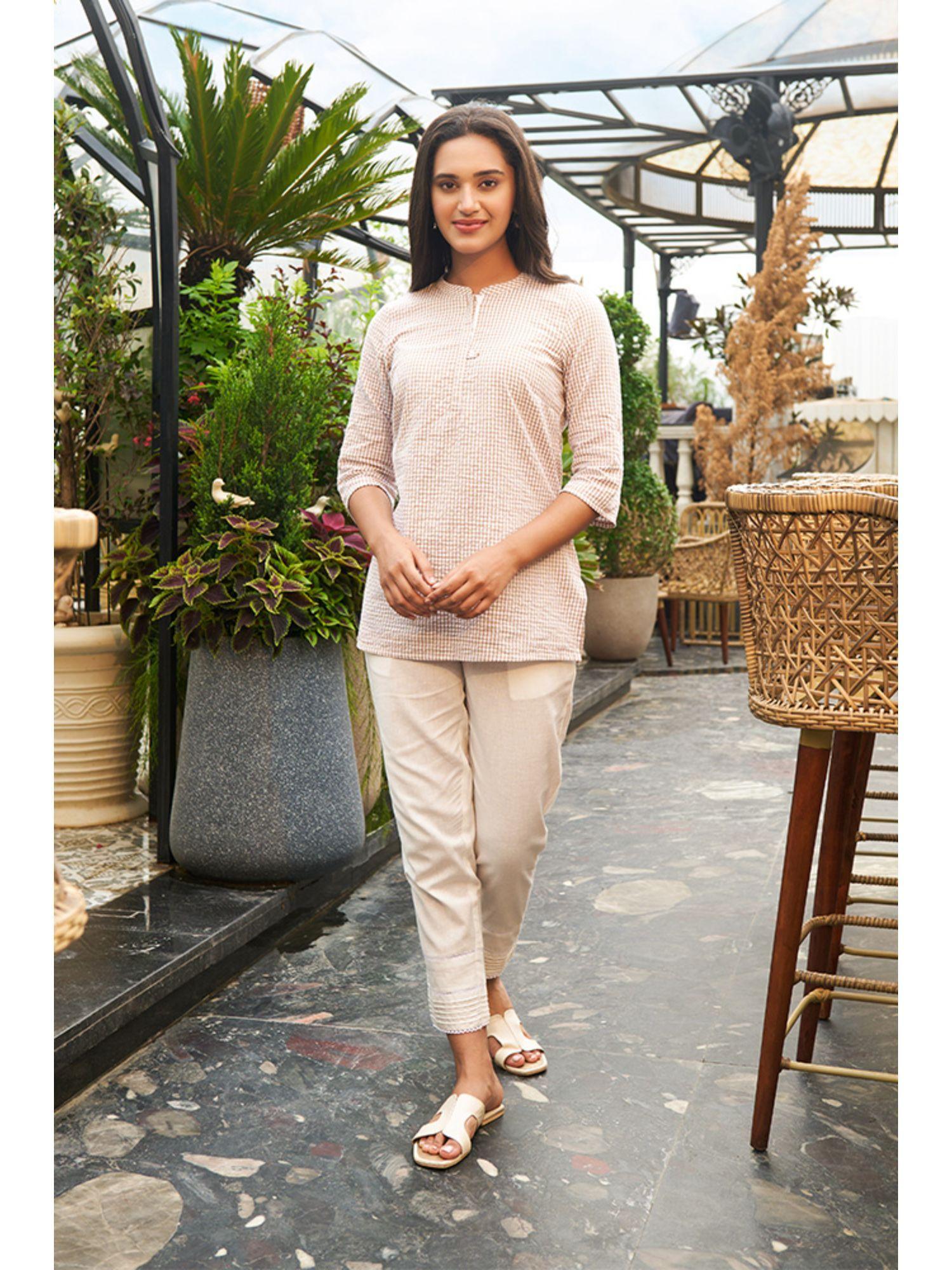 beige sheer sucker checker kurta