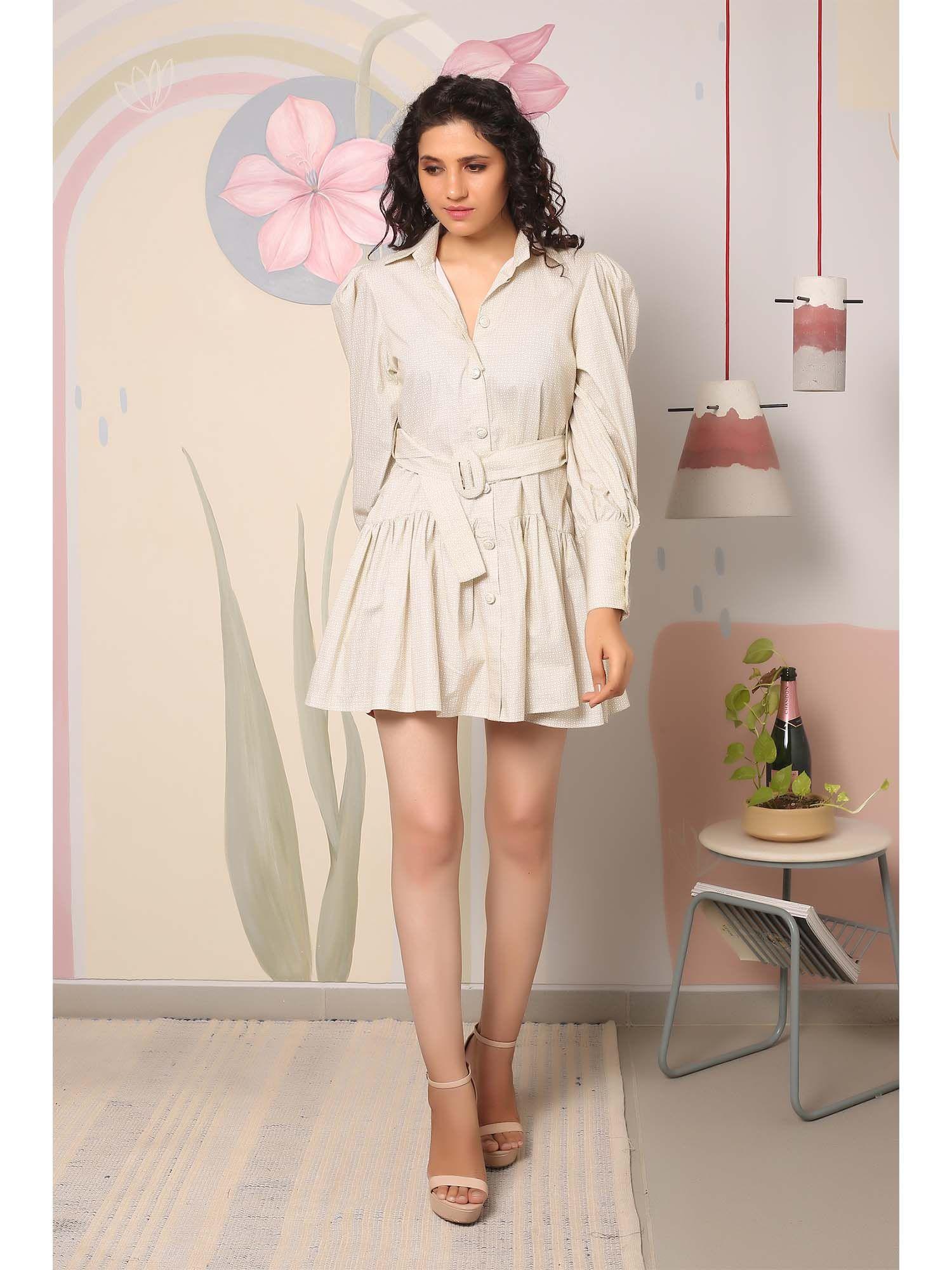 beige shirt collar with leg o mutton sleeve gathered dress (set of 2)