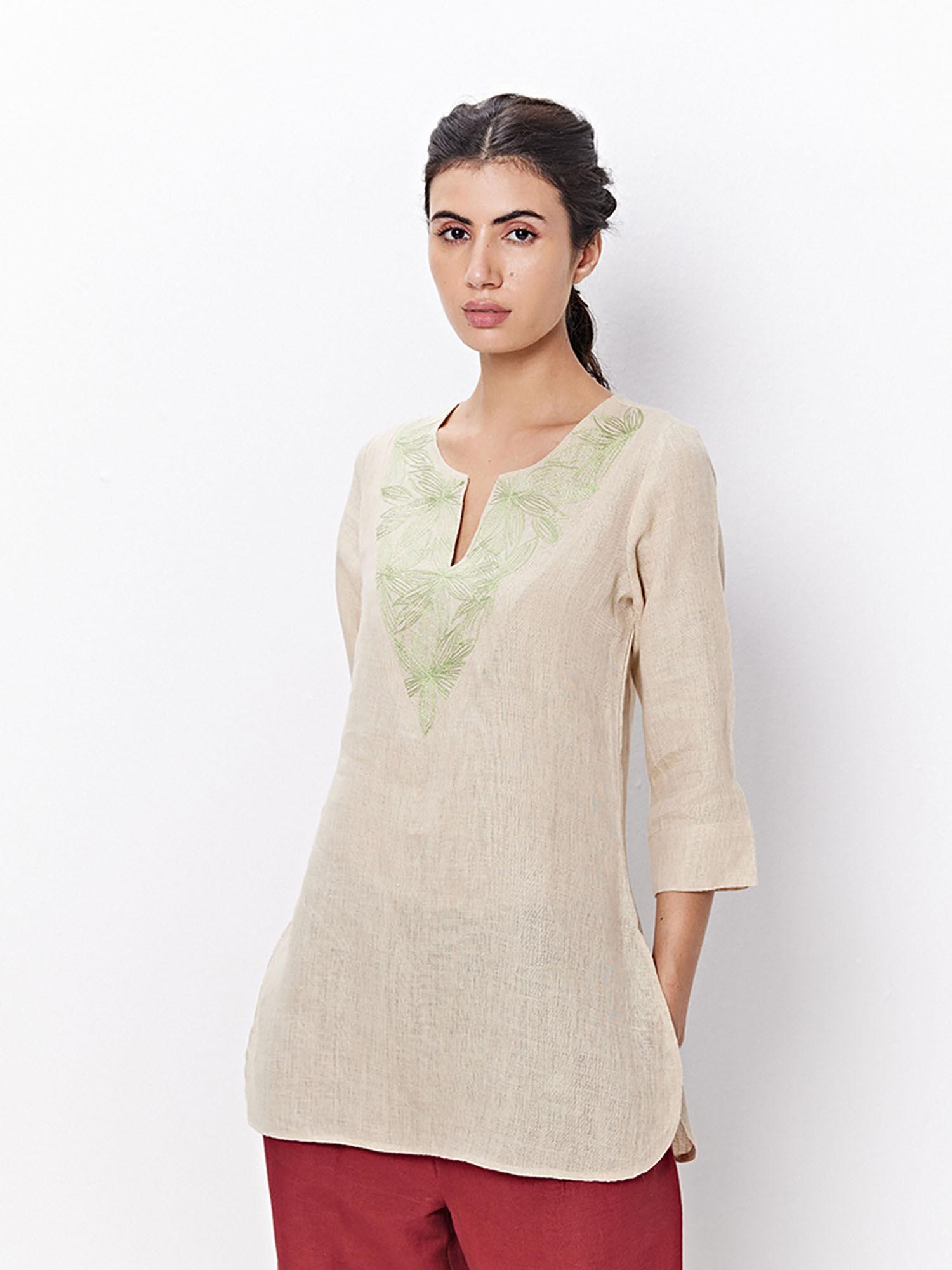 beige short straight embroiderd maxi kurti