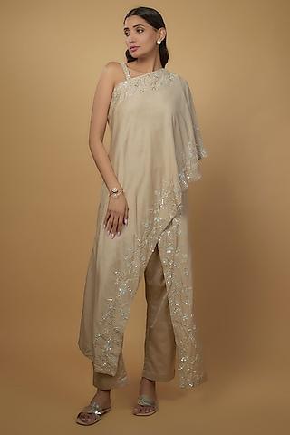 beige silk & mushroom satin embroidered one-shoulder cape set