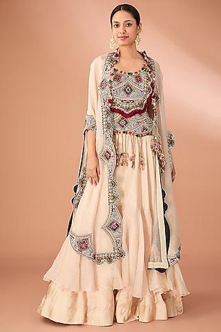 beige silk & organza embroidered butterfly cape set