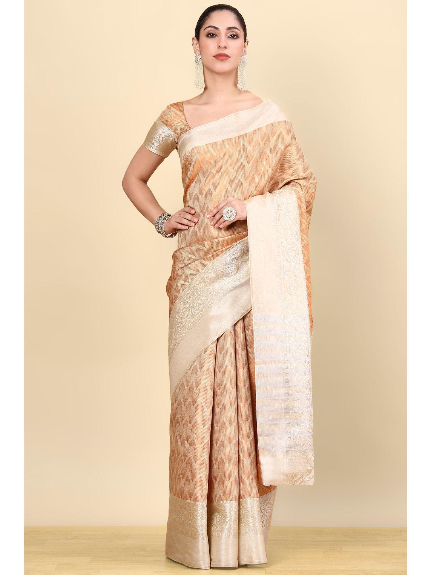 beige silk blend woven saree with unstitched blouse