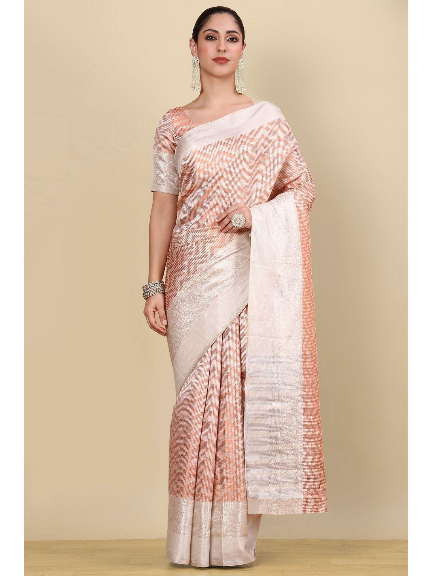 beige silk blend woven saree with unstitched blouse