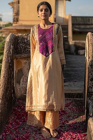 beige silk brocade embroidered kurta set