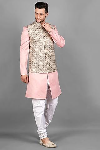 beige silk bundi jacket with kurta set for boys