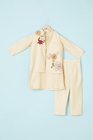 beige silk chanderi embroidered nehru jacket set for boys