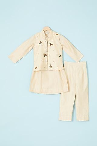 beige silk chanderi hand embroidered nehru jacket set for boys