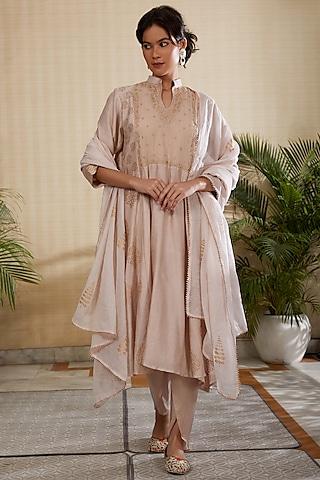 beige silk chanderi printed & hand embroidered kurta set