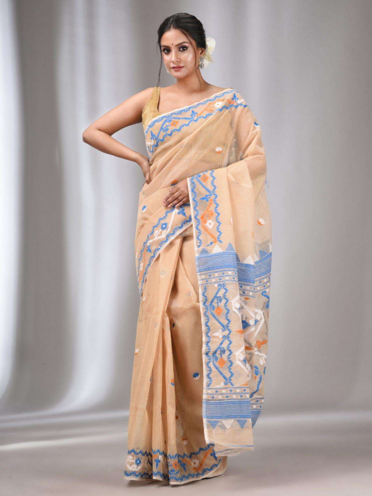 beige silk cotton handwoven soft jamdani saree