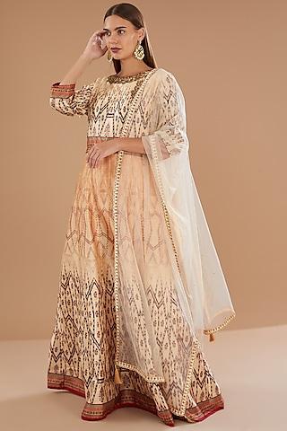 beige silk digital printed & swarovski embroidered gown with dupatta