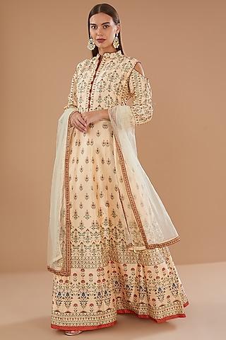 beige silk digital printed & swarovski embroidered gown with dupatta