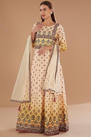 beige silk digital printed & swarovski embroidered gown with dupatta