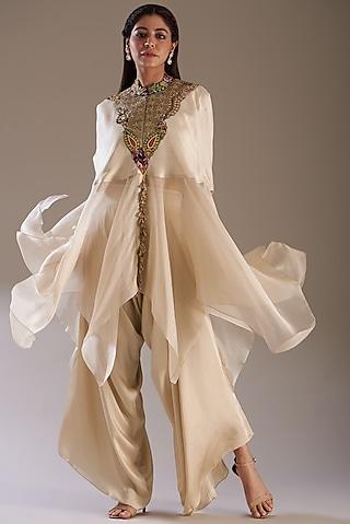 beige silk embroidered cape set