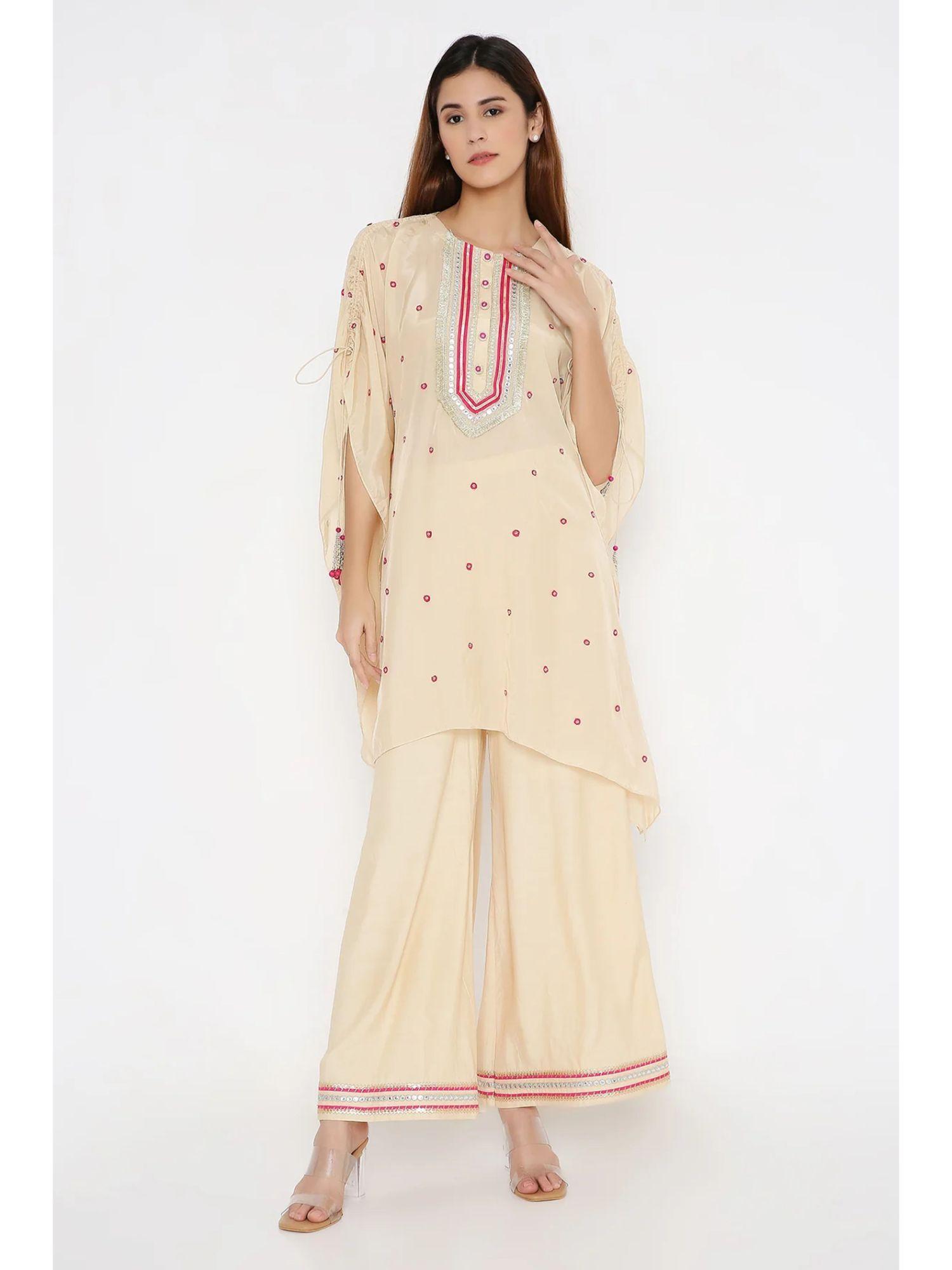 beige silk embroidered kaftan with cotton silk palazzo (set of 2)