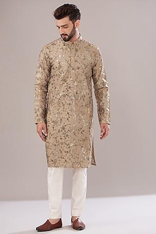 beige silk embroidered kurta set