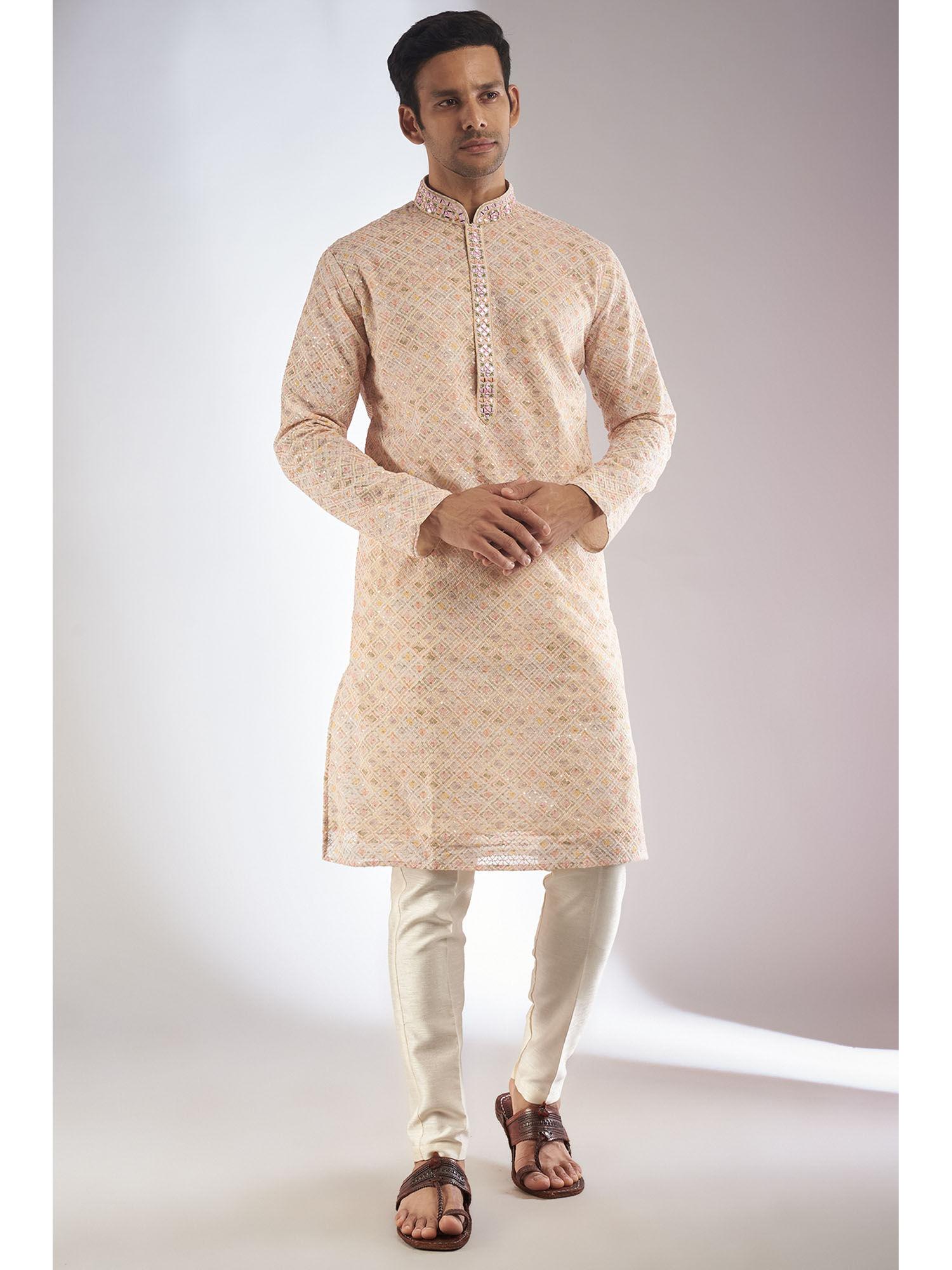 beige silk embroidered kurta with pant (set of 2)