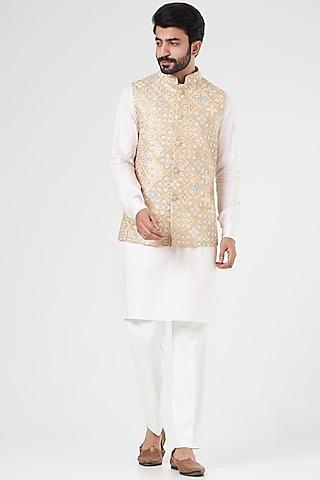 beige silk embroidered nehru jacket
