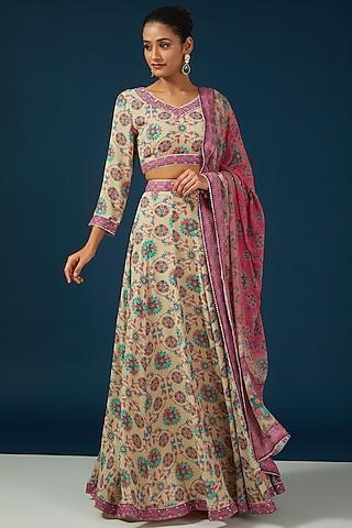 beige silk georgette floral printed lehenga set