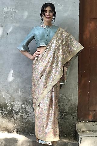 beige silk ikat printed saree set