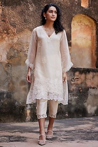 beige silk organza applique work a-line kurta set