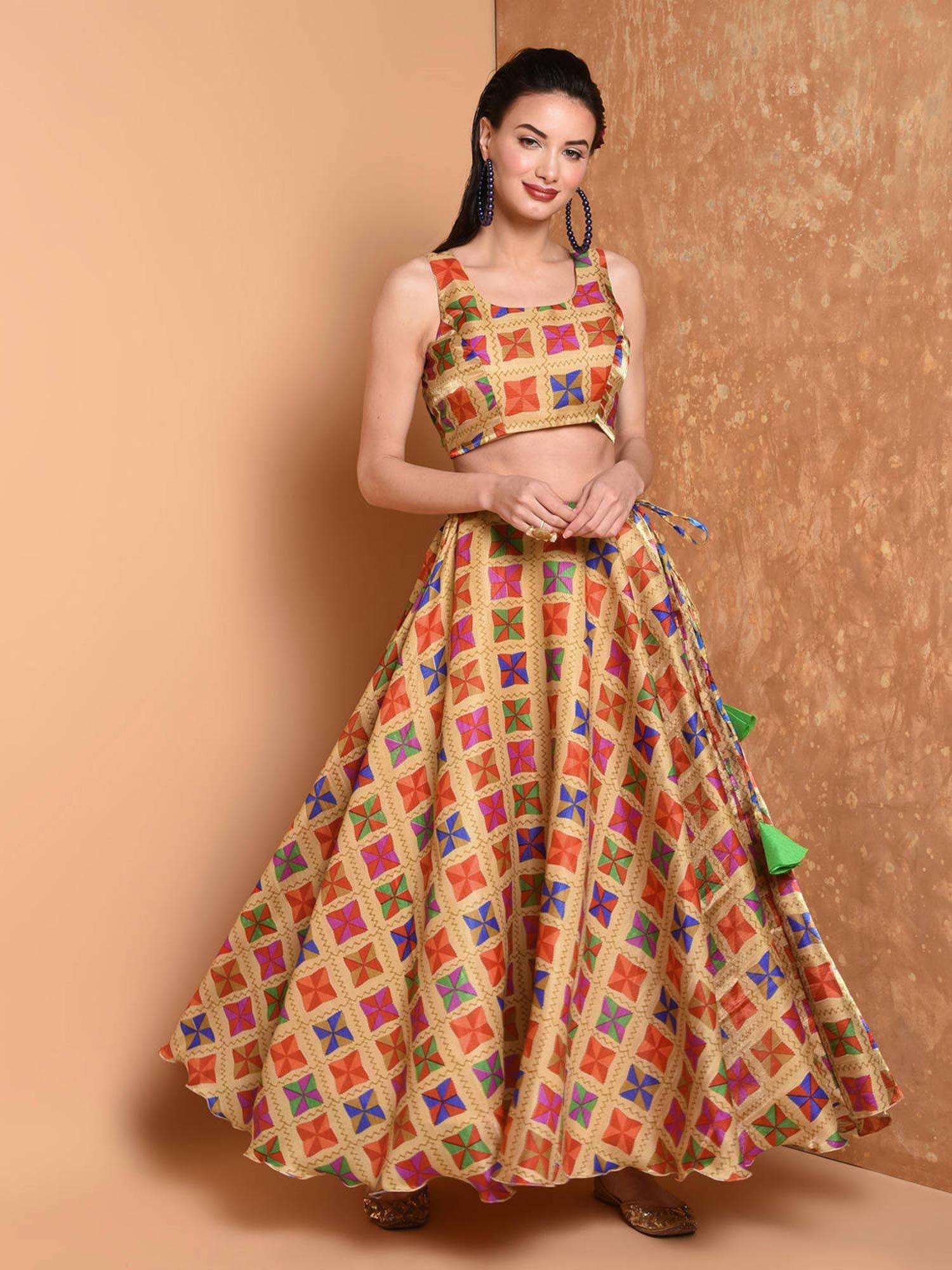 beige silk phulkari lehenga with blouse (set of 2)