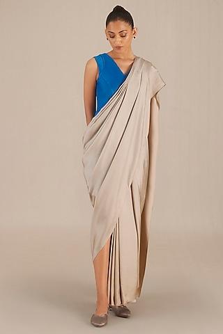 beige silk pre-draped saree