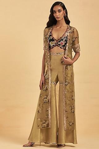 beige silk printed cape set