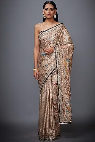 beige silk satin floral hand embroidered saree set