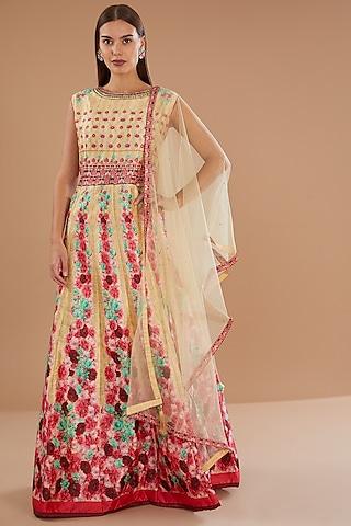 beige silk swarovski embroidered anarkali set