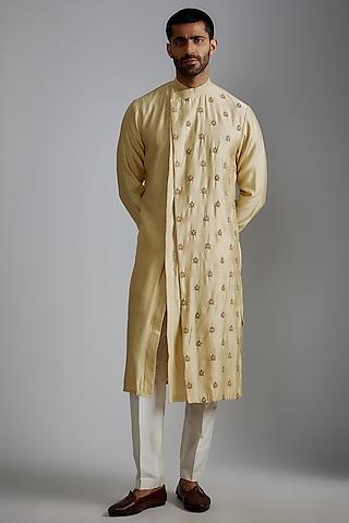 beige silk thread embroidered kurta set