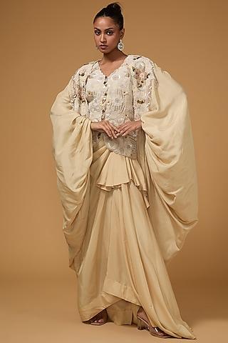 beige silk thread work butterfly cape set